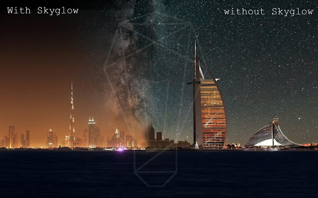 This is an image of night sky view of Dubai showing with and  without Light Pollution created in Photoshop for illustration propose only- thelightingblog.info