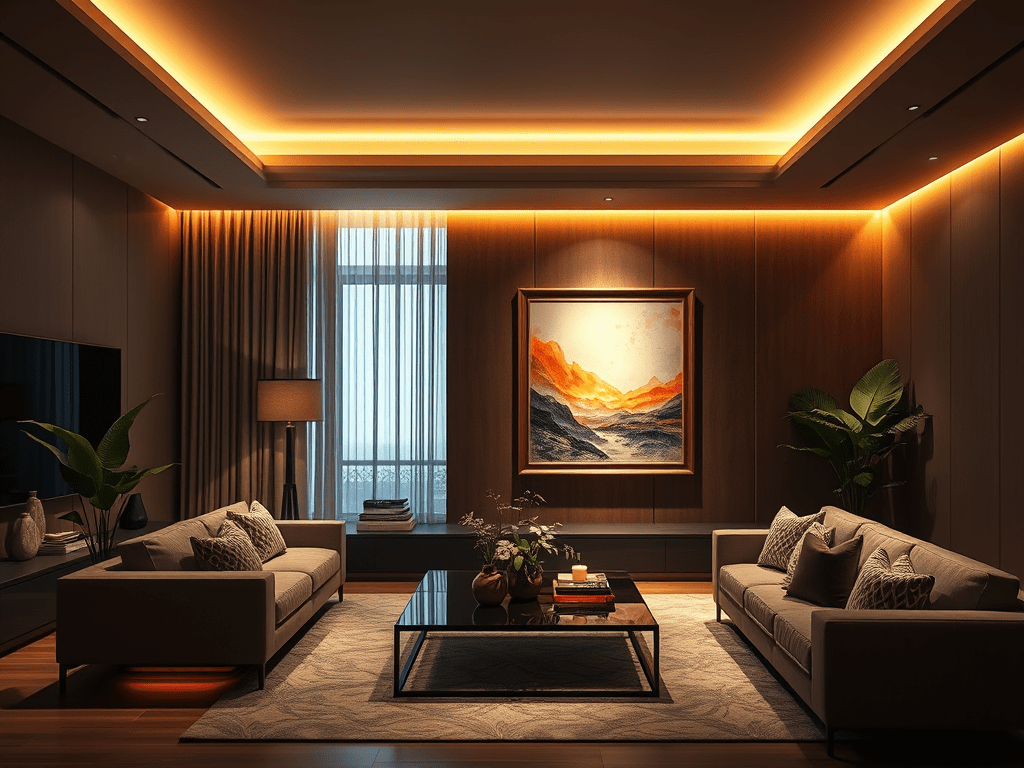 A elegantly designed living room featuring warm, ambient lighting, two cozy sofas, a stylish coffee table, a decorative plant, and a vivid painting on the wall.the lighting blog, Suraj Francis, 