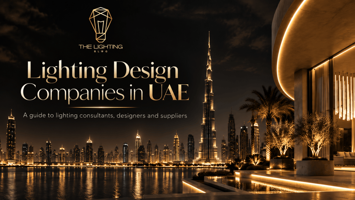 Dubai skyline at night with luxury architectural lighting and The Lighting Blog logo, representing lighting design companies in UAE