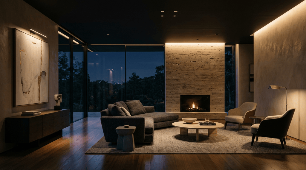 A warmly lit modern living room centers on a fireplace, sculptural furnishings, and expansive evening views.
