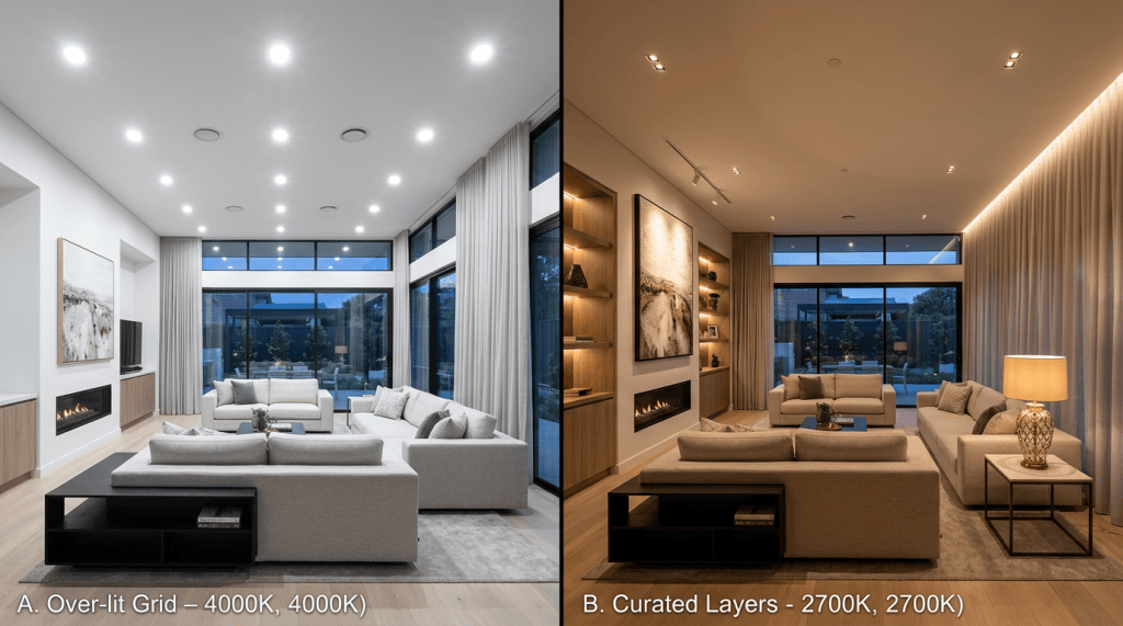Split living room comparison labeled A. Over-lit Grid – 4000K, 4000K and B. Curated Layers - 2700K, 2700K
