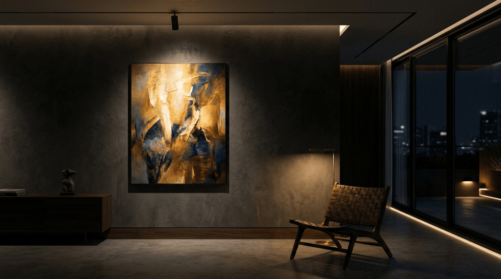 Modern lounge with abstract painting, leather chair, and nighttime city view