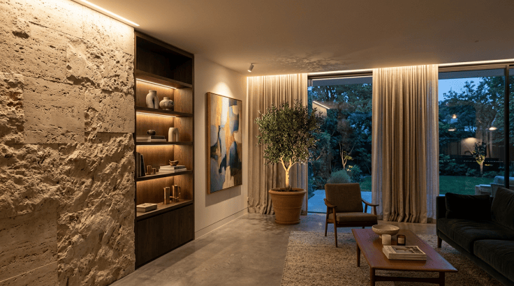 Contemporary living room with textured stone wall, shelving, plants, and garden views