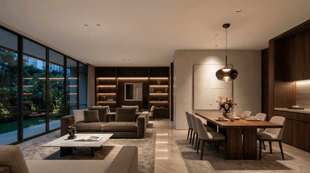 Contemporary open-plan living and dining room with garden views