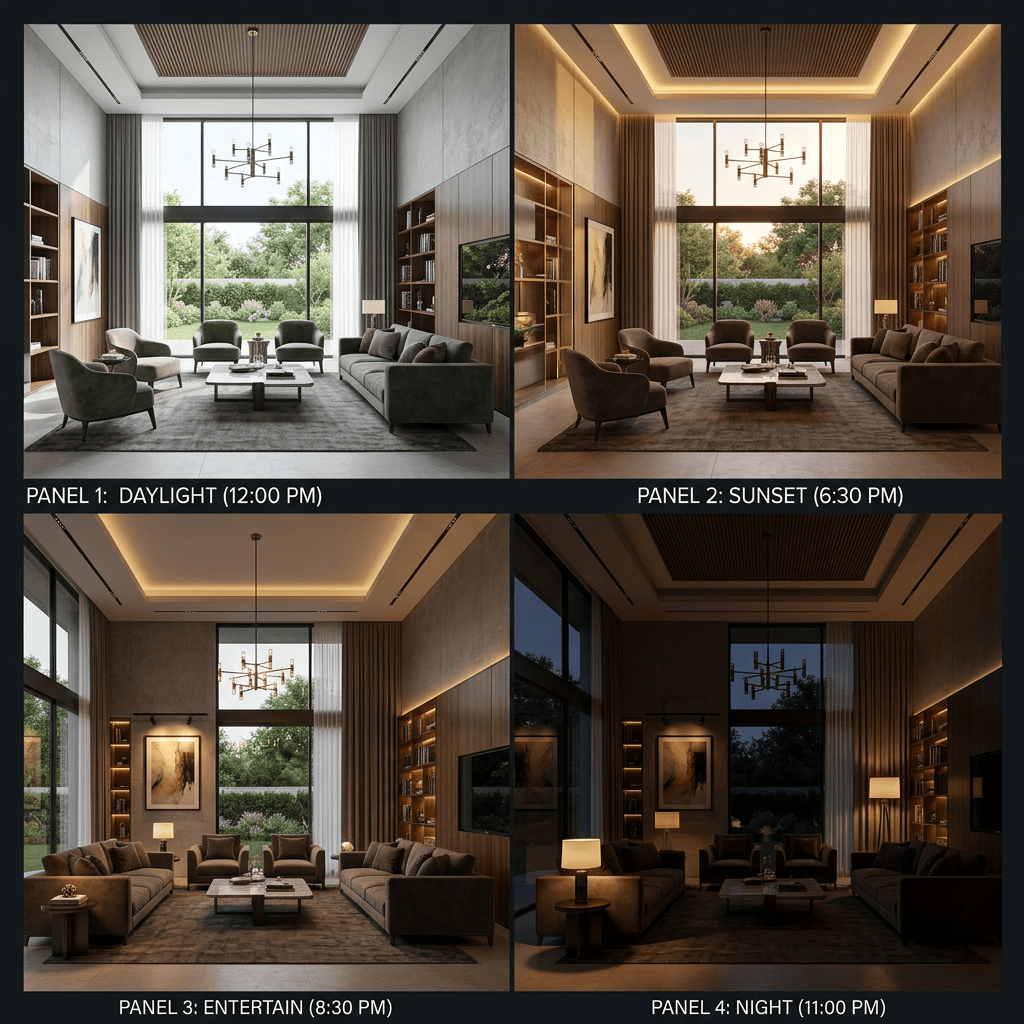 Four living room panels labeled PANEL 1: DAYLIGHT (12:00 PM), PANEL 2: SUNSET (6:30 PM), PANEL 3: ENTERTAIN (8:30 PM), and PANEL 4: NIGHT (11:00 PM).