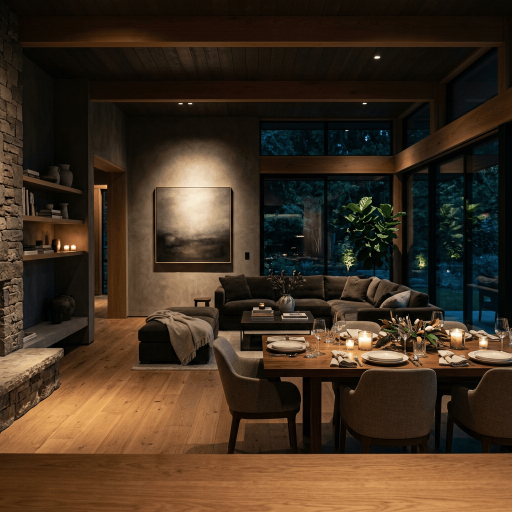 Warm modern living and dining room with forest views through large windows